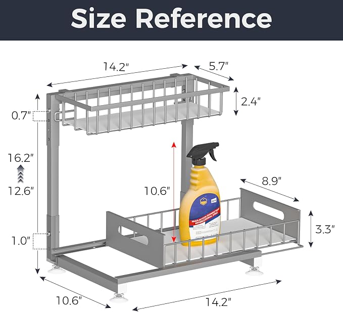 Saydear 2-Pack L-Shaped Under Sink Organizer, 2-Tier Pull-out Cabinet Rack | Grey Height-Adjustable Steel Rack, Sliding Grid Drawers with PP Liners, Holds 100 Lbs, Suction Base, Ideal Kitchen Storage