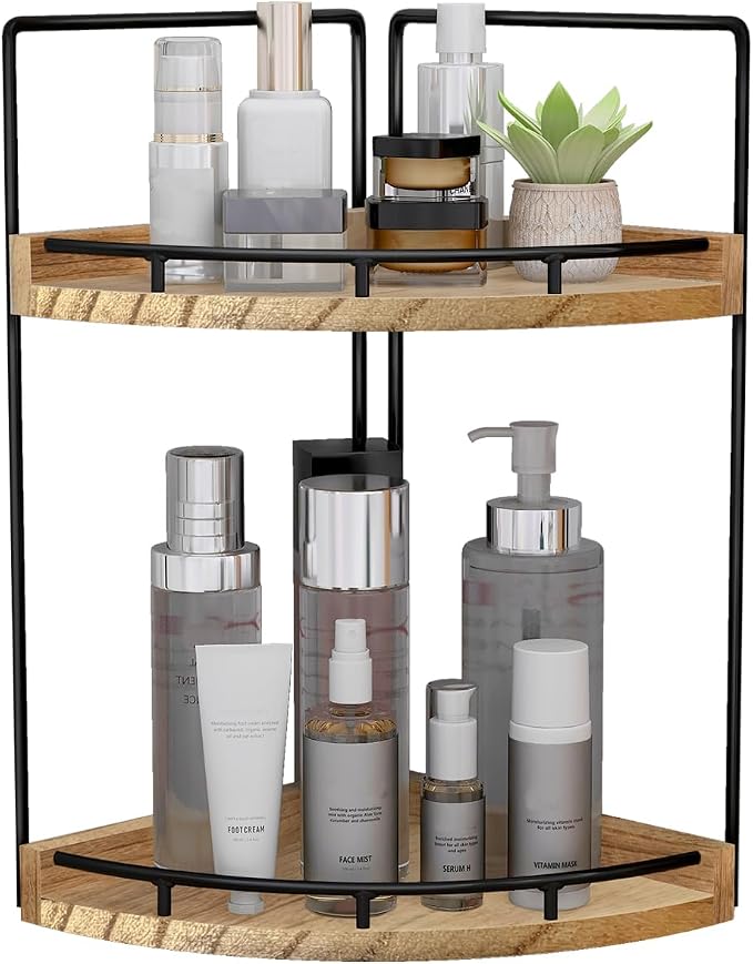 Dorhors 2-Tier Bathroom Counter Organizer,Vanity Counter Corner Shelf, Skincare, Wood Countertop Bathroom Storage and Organization for Kitchen (Brown)