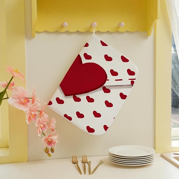 Valentines Dish Drying Mat 18x24 Inch Red Hearts Dish Drainer Protector Pad for Kitchen Counter Absorbent Holiday Love Drying Pad for Drainer Rack Kitchen Fast Dry