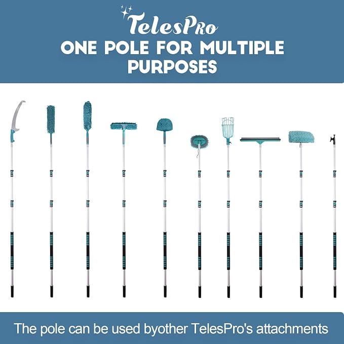 TelesPro 30 Foot High Reach Duster Kit with 6-24FT Extension Pole High Ceiling Dusting and Window Cleaning Kit with Telescopic Pole Window Washer&Squeegee,Cobweb Duster,Fan Duster and Feather Duster