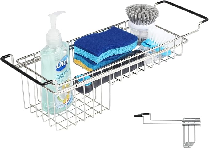 TreeLen Over The Kitchen Sink Caddy Sponge Holder Organizer Drying Rack Expandable for Sponge Brush Soap 13.8" to 20.8", Stainless Steel