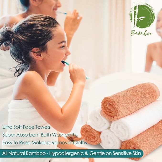 Wash Cloths 12 Pack,Face Towel for Sensitive Skin,13''x13'',White+Orange | 100% Viscose,Women Makeup Removal,Extra Soft,Gently Wash Face & Body,Fast Dry,Hanging Loop,Face Cleansing,Bathroom,Travel Use