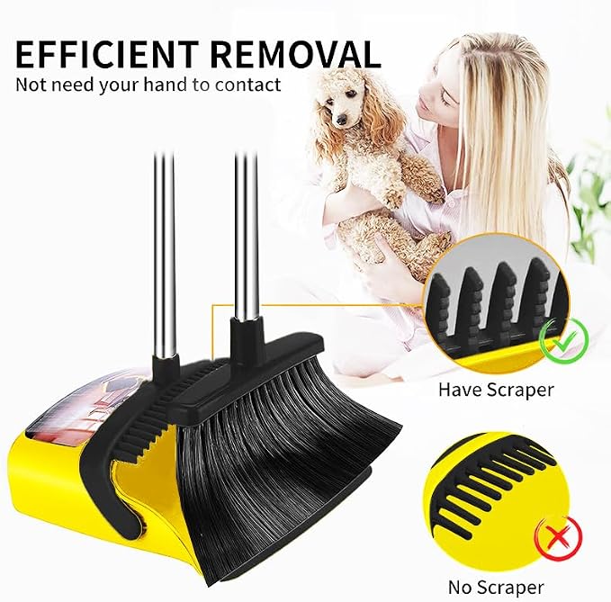 2-Pack is More economical，Brooms with Dustpan Combo Set，with 52" Long Handle, Dustpan Teeth with self-Cleaning Function, Indoor and Outdoor Sweeping, Perfect for Home Office (Large/Yellow /2-Pack)