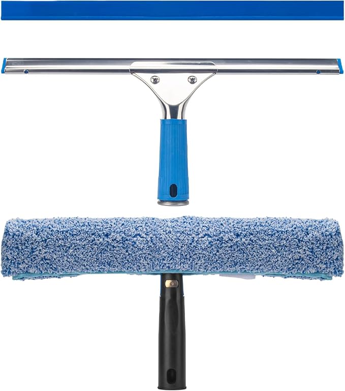 Professional Window Cleaning Kit, 14" Squeegee with 15" Scrubber | 14" Squeegee with 15" Microfiber Scrubber, Window Cleaning Tool for Home, Window Washing Equipment Commercial & Household Use