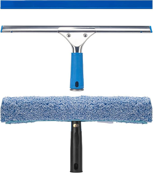 Professional Window Cleaning Kit, 14" Squeegee with 15" Scrubber | 14" Squeegee with 15" Microfiber Scrubber, Window Cleaning Tool for Home, Window Washing Equipment Commercial & Household Use