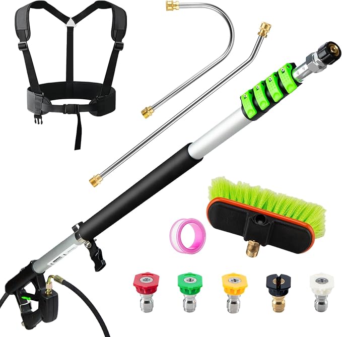 TOR 24 FT Telescoping Pressure Washer Wand with Pressure Washer Extension Wand,Gutter Cleaner Attachment, Pressure Washer Telescoping Wand with 5 Spray Nozzle Tips, 2 Hose Inlet Adapters, Brush Head