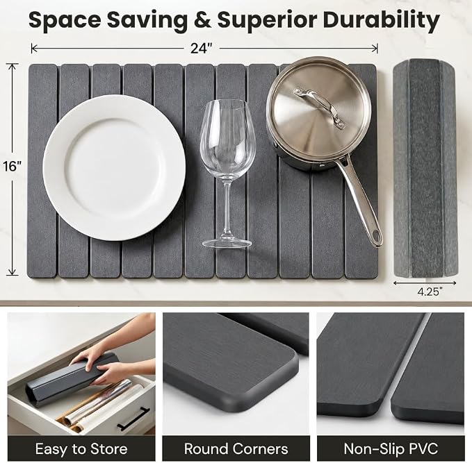 Stone Dish Drying Mat for Kitchen Counter, Large Quick Dry Diatomaceous Earth Stone Drying Mat, Foldable Water Absorbent Dish Drying Mat for Dishes, Cups, Bottles, Kitchen Sink & Countertop (Grey)