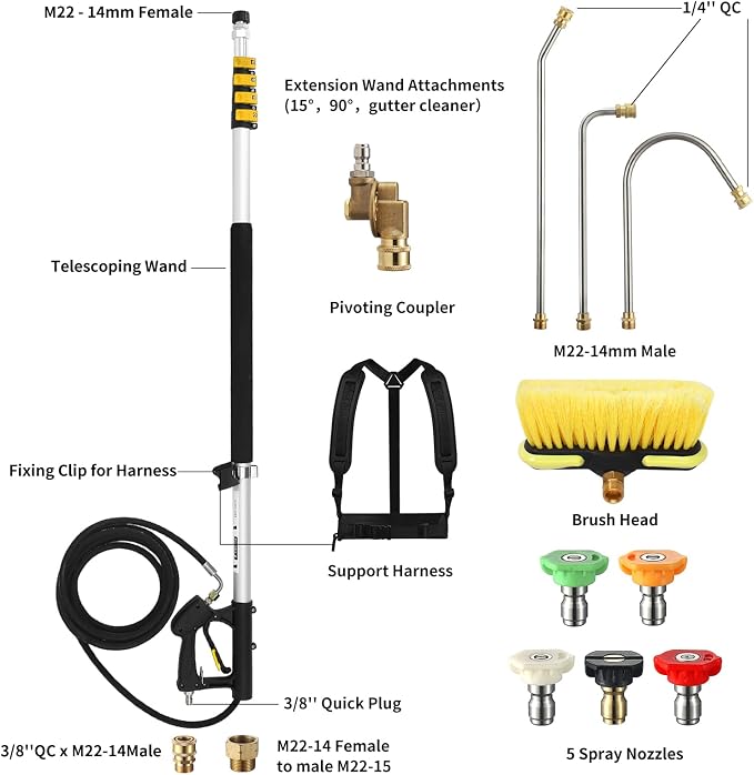 24 FT Telescoping Pressure Washer Wand with Pressure Washer Extension Wand, Brush Head, Gutter Cleaner, 5 Spray Nozzle Tips, 2 Hose Adapters and Support Belt