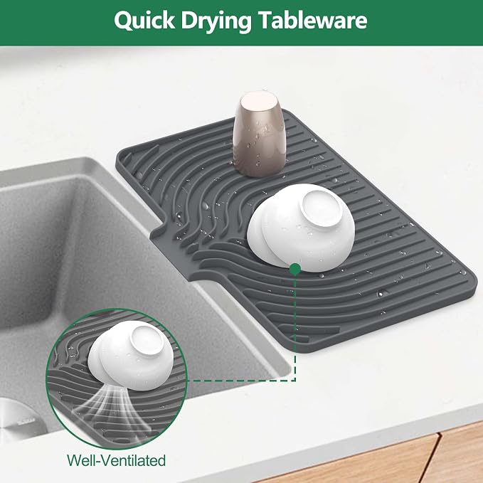 GUUKIN Silicone Dish Drying Mat,17.7" x 11.8 " Drying Matt Kitchen Counter, Dish Drying Rack Mat, Easy Clean Pad for Countertop Protection, Multi-Functional Use, Not applicable Bumps up sink (Grey)