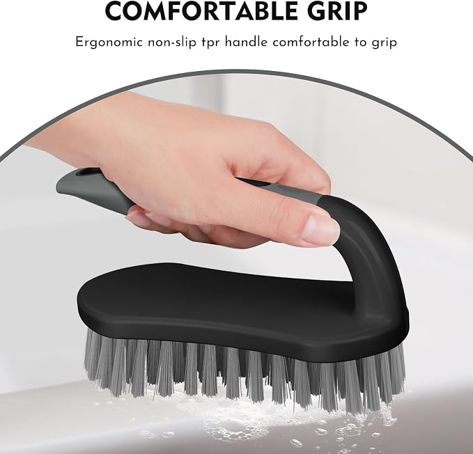 SetSail Scrub Brush, Stiff Bristle Cleaning Scrubber, 4 Pack(Black Grey) | Durable Bristles Ergonomic Non-Slip Tpr Grip. U-Style Hanging Loop for Storage. Use for Shower, Tub, Tile, Kitchen, Carpet.