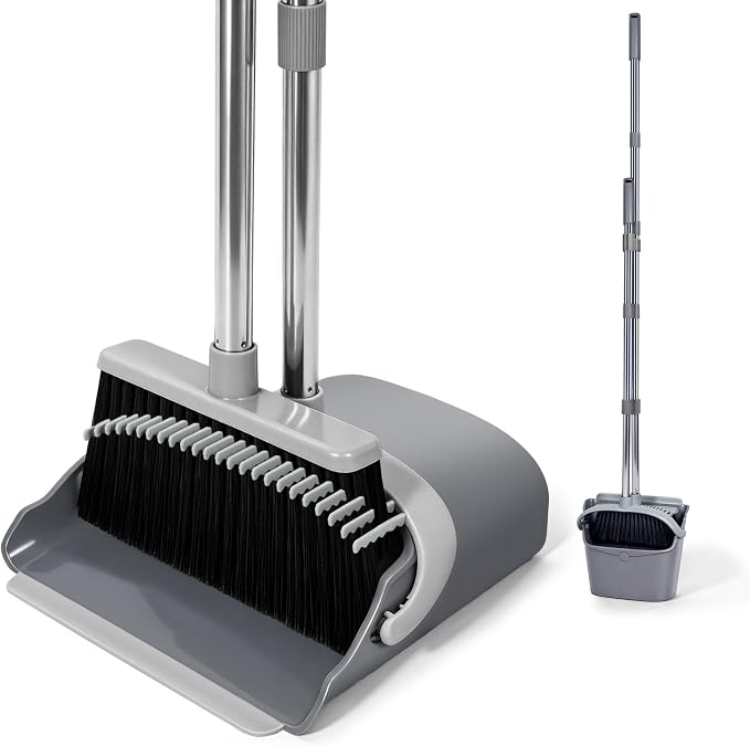 YZO Broom and Dustpan Set, 54.33 Inch Long Handle Standing Design, Dustpan Front Rubber Tight Seal, Broom with 5 Layer Bristles, Suitable for Bedroom, Yard, Office and Apartment(Gray&Black)