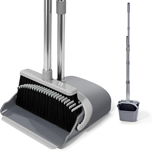 YZO Broom and Dustpan Set, 54.33 Inch Long Handle Standing Design, Dustpan Front Rubber Tight Seal, Broom with 5 Layer Bristles, Suitable for Bedroom, Yard, Office and Apartment(Gray&Black)