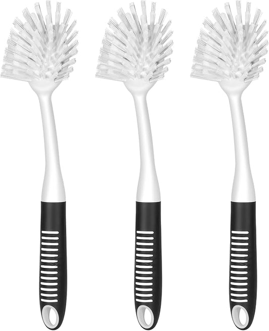 SetSail Dish Brush with Handle, 3 Pack Stiff Bristles Dish Scrubber with Built-in Scraper Dish Scrub Brushes for Cleaning Dishes, Pots and Pans, Kitchen Sink, 3 Pack, Black White
