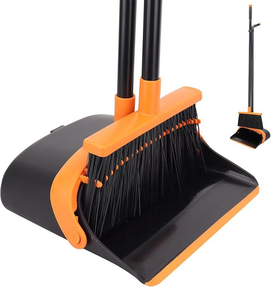 Broom and Dustpan Set - 56" Long Adjustable Handle Broom with Upright Standing Dustpan Combo for Home,Kitchen, Shopping Mall and Factory Indoor&Outdoor Sweeping
