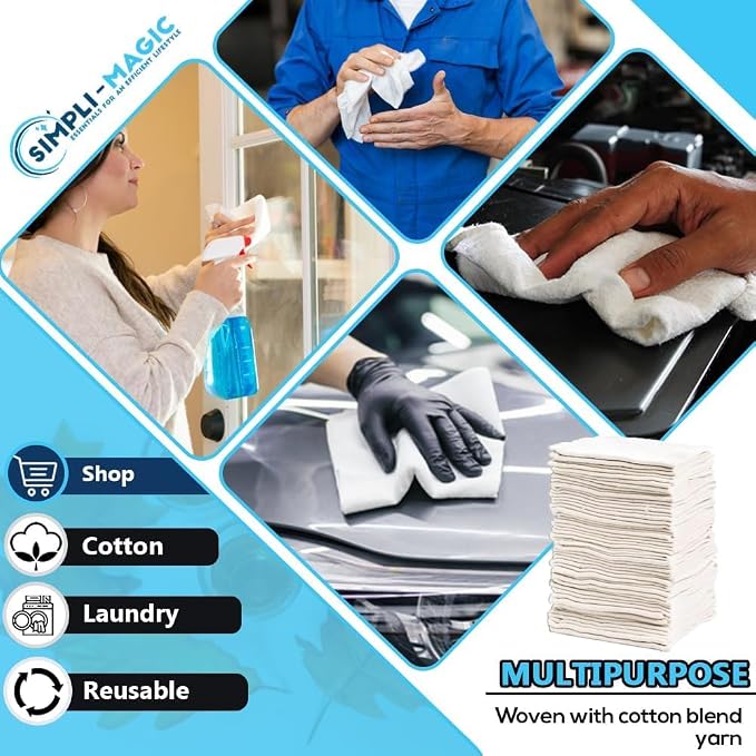 Simpli-Magic Cotton Shop Towels 14"x12" (150 Pack) – White Reusable Cleaning Shop Rags for Automobiles, Industries, Garage and Homes