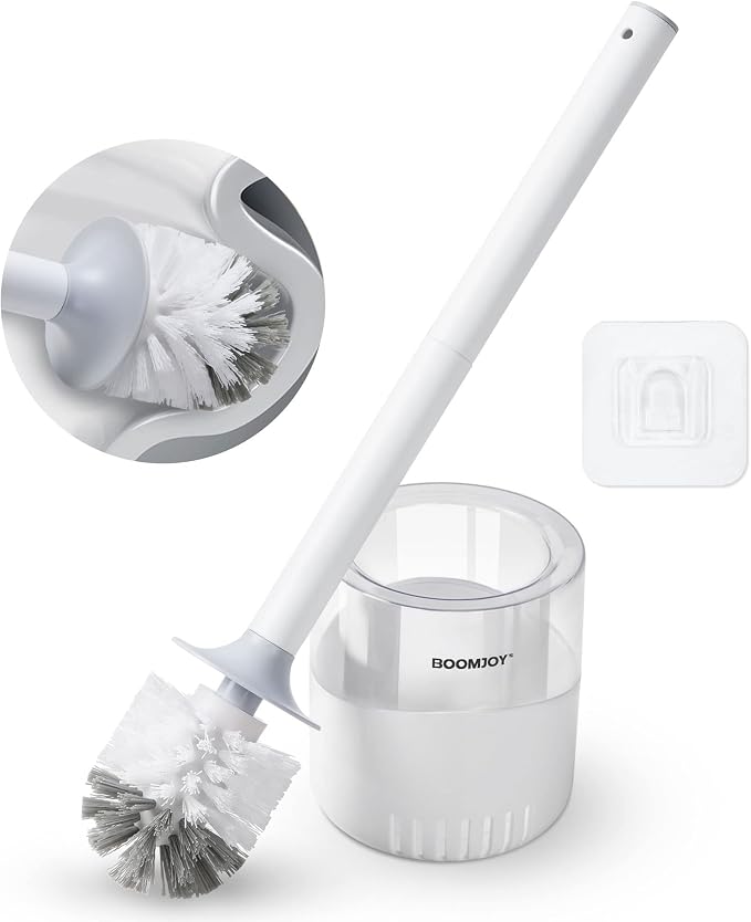 BOOMJOY Toilet Bowl Brush and Holder - Durable Head Toilet Cleaner Brush with Dense Bristles & Clear Base for Bathroom Deep Cleaning - Household Cleaning Accessories - White