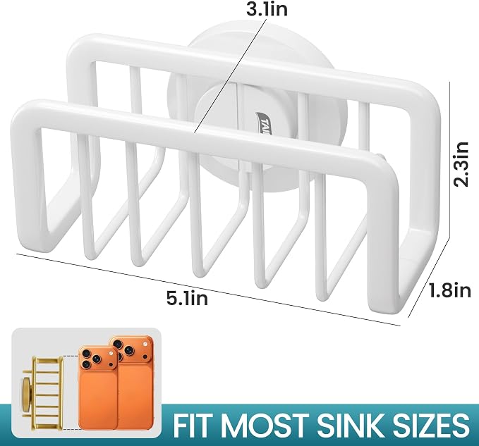 TAILI Sink Caddy with Strong Suction Cup, Sponge Holder for Kitchen Sink Oganizer, Removable Rustproof Aluminum Sponge Holder, Dish Brush for Scraper - White