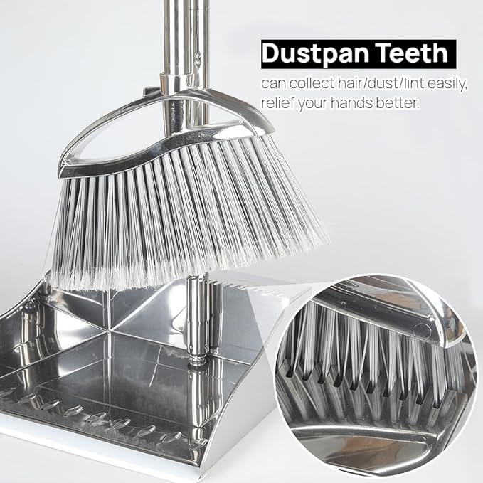Outdoor Broom and Dustpan Comb Set,Heavy Duty Stainless Steel Metal Dust Pan with Long Handle Commercial Stiff Bristles Broom for Home Garage Garden Patio