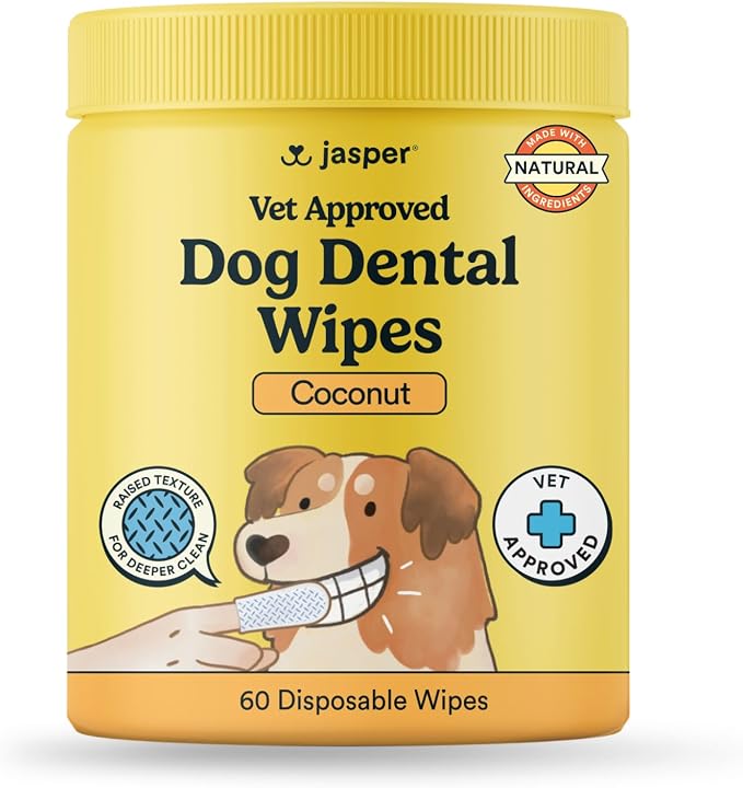 Jasper Dog Dental Wipes, Vet-Recommended Natural Cat & Dog Teeth Cleaning Wipes Dog Teeth Cleaner, Disposable Wipes Fresh Breath PlaqLift Technology Attacks Plaque and Buildup, Coconut, 60 Count