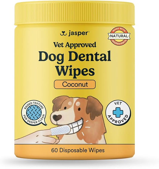 Jasper Dog Dental Wipes, Vet-Recommended Natural Cat & Dog Teeth Cleaning Wipes Dog Teeth Cleaner, Disposable Wipes Fresh Breath PlaqLift Technology Attacks Plaque and Buildup, Coconut, 60 Count