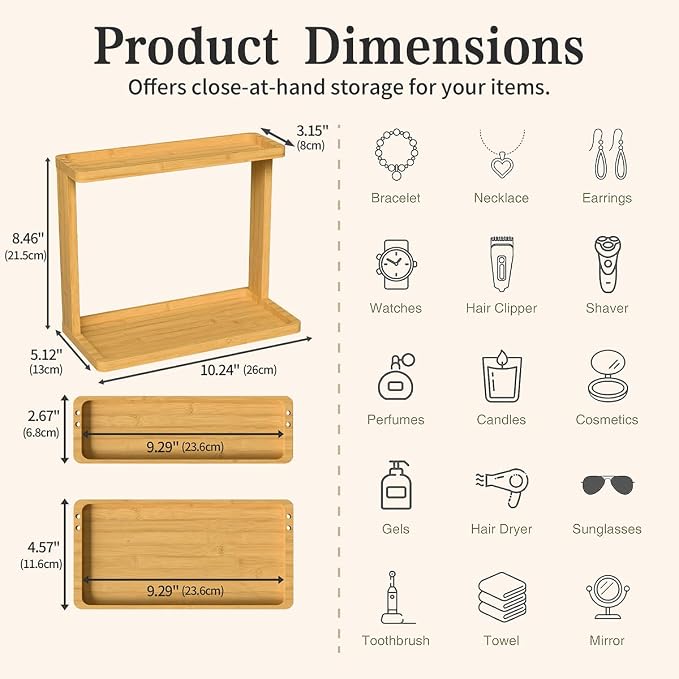 PEKER Bamboo Bathroom Organizer Countertop – Small Vanity Storage Shelf for Makeup, Perfume, Skincare – Natural Cosmetics Display Rack for Dresser, Sink, Kitchen – Natural