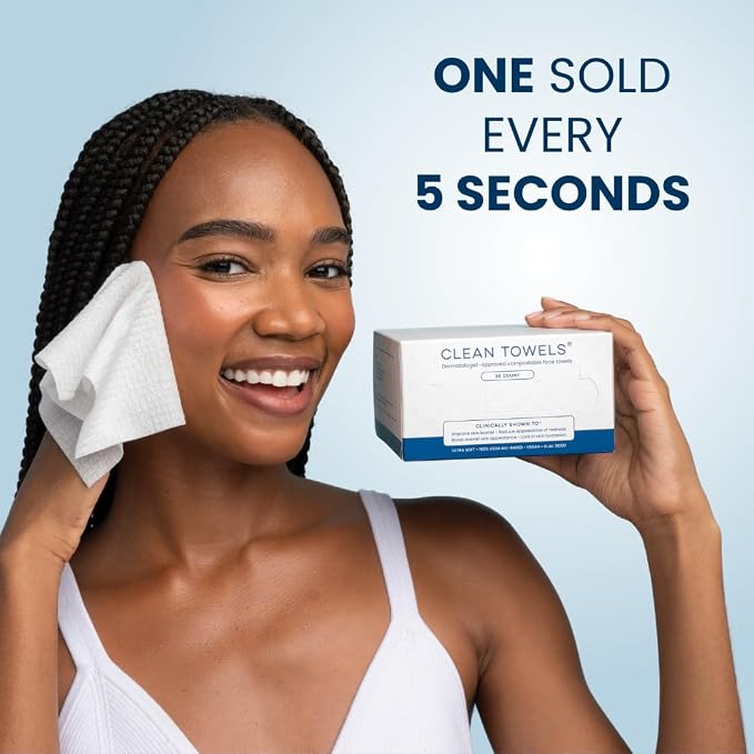 Clean Skin Club Clean Towels®, 100% USDA Biobased Face Towel, Disposable Face Towelette, Eczema Association Accepted, Makeup Remover Dry Wipes, Ultra Soft, 25 ct per pack, 2 Packs, 50 Ct Total