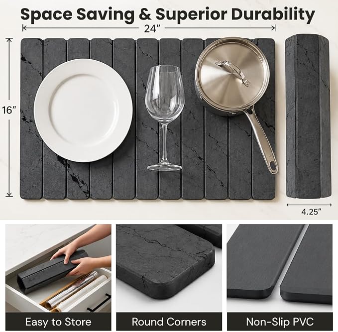 Stone Dish Drying Mat for Kitchen Counter Large Quick Dry Diatomaceous Earth Stone Drying Mat Foldable Water Absorbent Dish Drying Mat for Dishes Cups Bottles Kitchen Sink Countertop (Grey Marble)