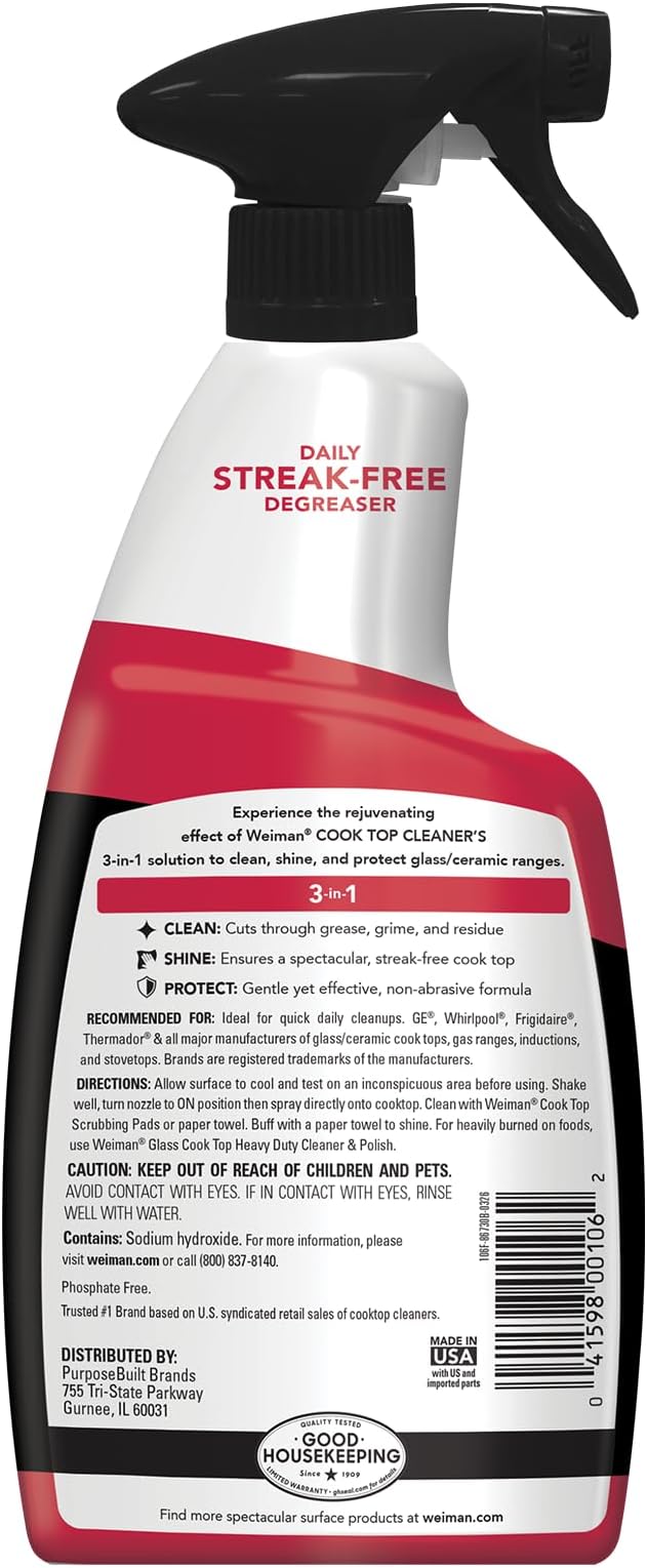 Weiman 22 Fl Oz Cooktop Cleaning Spray & Microfiber Cloth – Cooktop & Oven Cleaner for Streak & Residue Free - Non-Abrasive Degreaser Safe for Glass & Ceramic