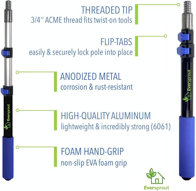 EVERSPROUT Swivel Squeegee & Microfiber Window Scrubber, 1.5 to 3ft Pole | 2-in-1 Window & Glass Cleaning Combo, Swivels to 7 Angles, 10-inch Blade, 8-10ft Standing Reach, Machine Washable, Non-Slip