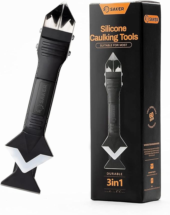 Saker Silicone Caulking Tool 3-in-1 Grout Removal Tool Classic Black | Sealant Finishing Scraper with Stainless Steelhead, Seam Repair Kit for Bathroom, Kitchen, Floor, Window and Sink Joints