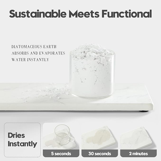 2PCS Water Absorbing Stone Drying Tray for Kitchen Counter & Bathroom Sink, Diatomite Faucet Splash Guard, Soap Dispenser Rack & Sponge Holder Caddy Organizer, Marble White (Printed Pattern), 9"x 3.5"