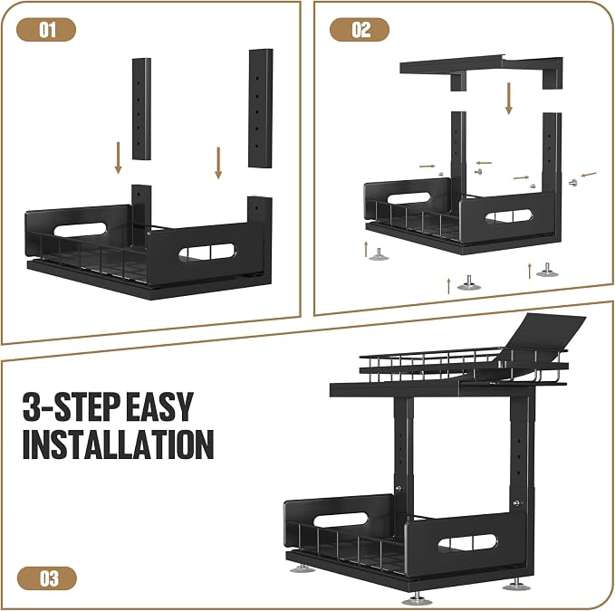 Under Sink Organizer Upgrade To Professional Rails,2-Tier Dual Pull Out Cabinet Storage,Height Adjustable Slide Out Drawers For Bathroom Kitchen,2 Pack-14.5" Dx12.8-16.9" H,Black
