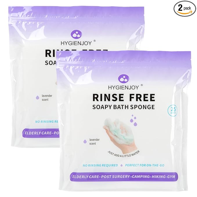 HYGIENJOY-21% Larger,Rinse Free Bath Sponges for Adults-Disposable No Rinse Bathing Wipes,Soap Infused,Extra Thick and Dry Shower Wipes for Elderly,Camping,Post Surgery Must Haves, (Lavender 2 pack)