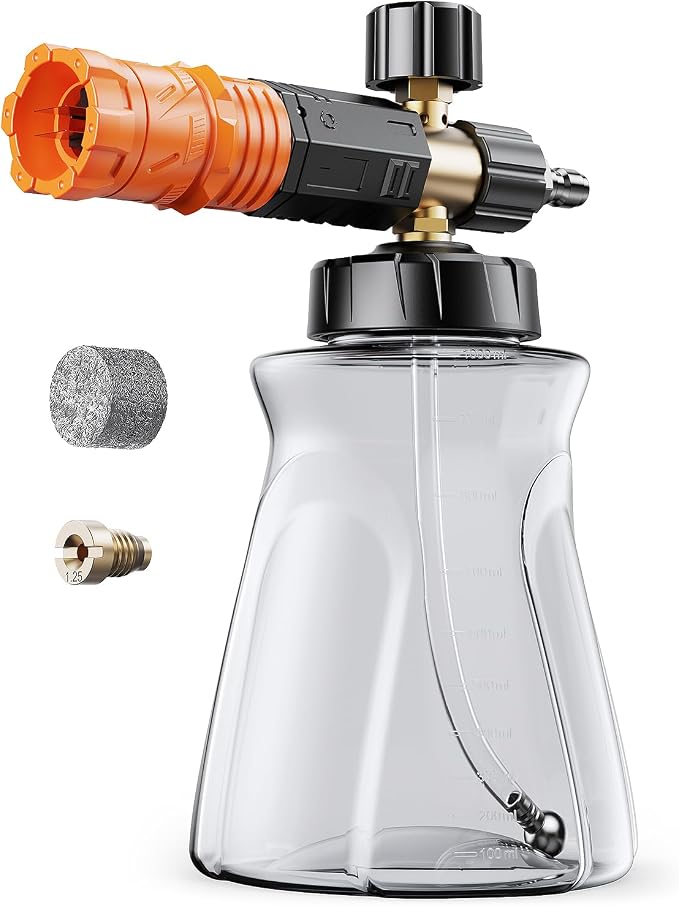 Foam Cannon for Pressure Washer, 1L Snow Foam Lance | 1/4 in quick connect, Includes extra orifice nozzle, foam makers, adjustable spray for cars