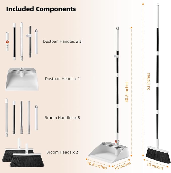 Broom with Dustpan Combo Set, 53" Long Handle, Includes 2 Broom Heads | Collapsible Broom and Dustpan Set, 180° Swivel Broom Head, 360° Lockable Dustpan, Built-in Hair Comb