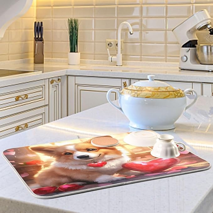 Dish Drying Mat Kitchen Counter Absorbent Valentine Corgi Coffee Sink Mat Dish Drainer Pad 18 Inch x 24 Inch