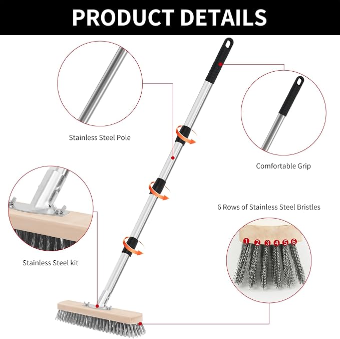 Stainless Steel Wire Scrub Brush with Long Handle, Heavy Duty Floor Scrubber Brush, Moss Remover Wire Broom for Deck, Rough Surface, Concrete Floor, Patio, Garden, Garage