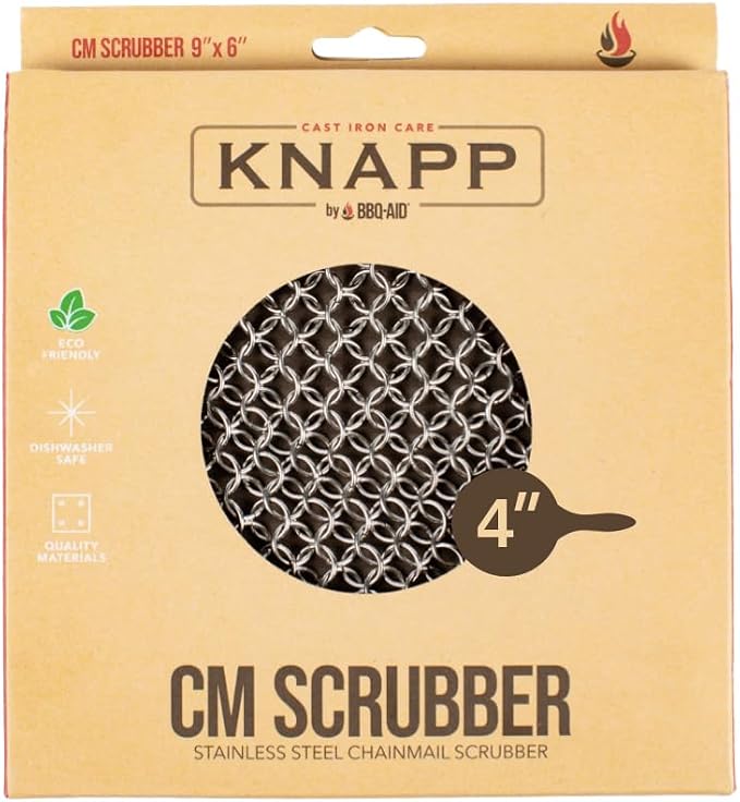 Knapp Made CM Scrubber 4" x 4" Small Ring Chainmail Cast Iron Scrubber, Premium Stainless Steel Mesh Cleaner for Pre-Seasoned Pans, Dutch Ovens, Grills and Skillets