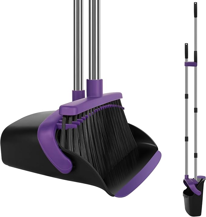 Broom and Dustpan Set with Long Handle, 55" Broom, Pet Hair Rubber Lip Upright Dustpan with Built-in Comb, Standing Dust Pan Set for Home Kitchen Office Indoor Outdoor
