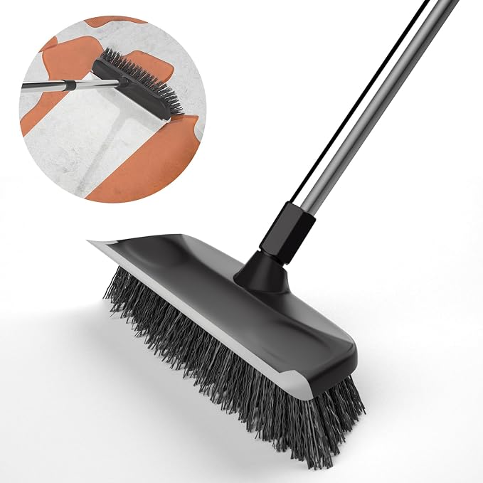 Heavy Duty Floor Scrub Brush with Long Handle, Adjustable Stainless Steel Handle, Stiff Bristles & Rubber Squeegee Scraper, Concrete Floor Scrubber for Cleaning Floor Concrete Deck Hardwood Patio Tile