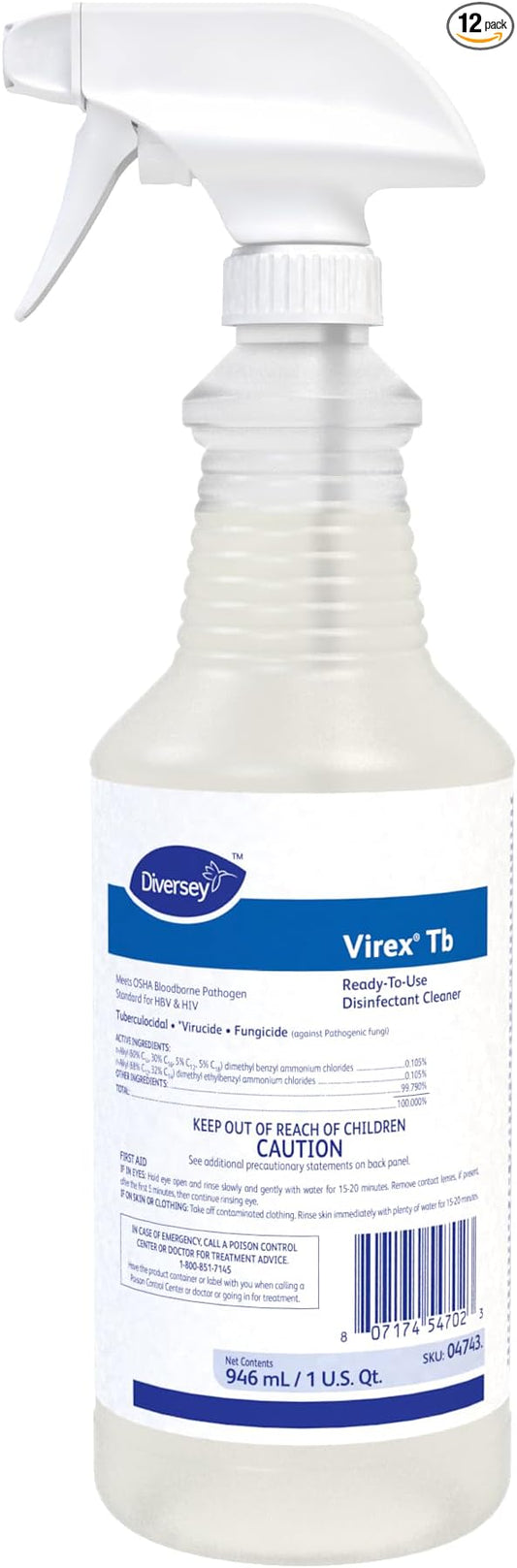 VIREX Diversey Tb Disinfectant Cleaner, Ready-to-Use Formula, 32 oz, 12 Pack