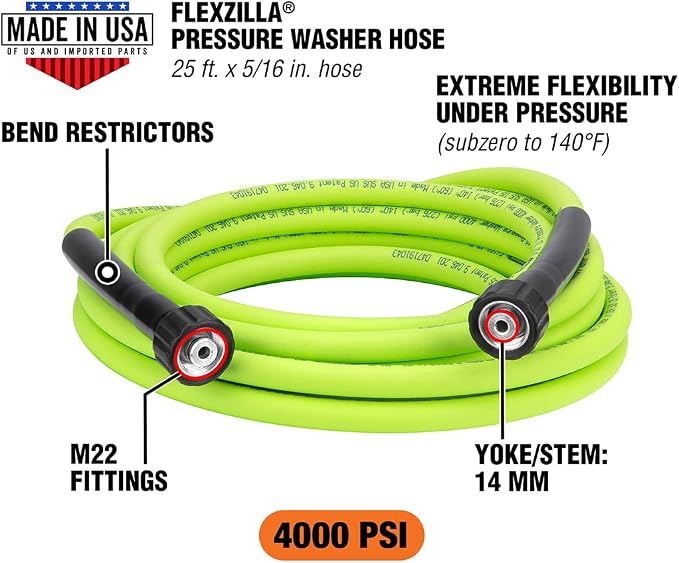 Flexzilla Pressure Washer Replacement Hose, 5/16 in. x 25 ft., 4000 PSI, M22 Fittings, No-Kink, Lightweight, ZillaGreen