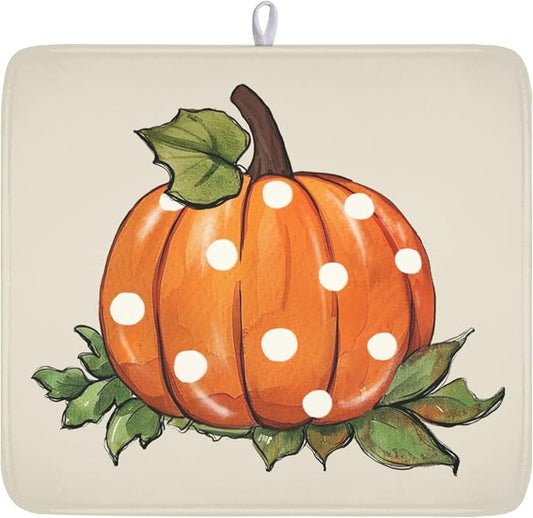 Fall Pumpkin Dish Drying Mat for Kitchen Counter 16 x 18 Inch Autumn Green Leaf Dish Drainer Mat Absorbent Microfiber Thanksgiving Harvest Dish Rack Pad for Coffee Dining Bar Decor