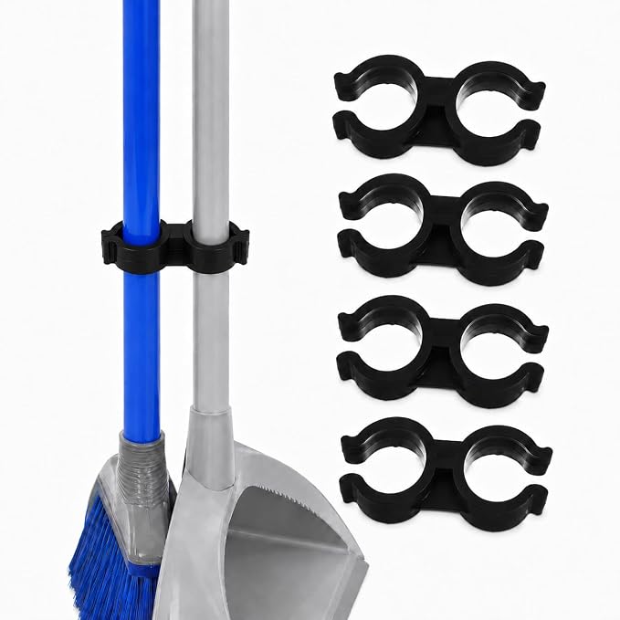 Garneck 4pcs Double Pipe Broom Clips: Plastic Connection Buckles Fits 1 8-2cm Diameter Dustpan Broom Wall Holder Clamp for Storage Cleaning Tool, Easy Installation