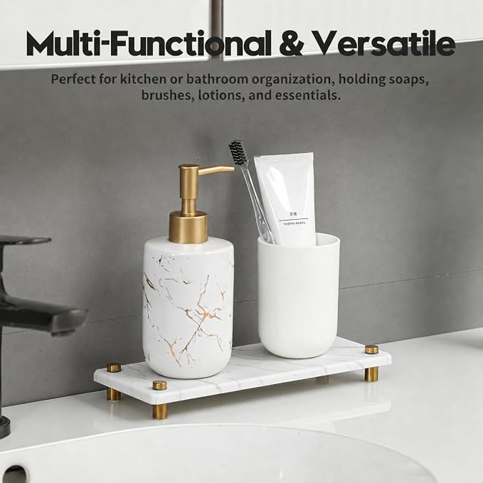 White Marble Pattern Style Water Absorbing Stone Sink Caddy, Bathroom & Kitchen Counter Organizer Tray, Faucet Drying Mat Soap Dish Rack Riser Dispenser Sponge Holder, Gold Metal Feet, 10" x 4"