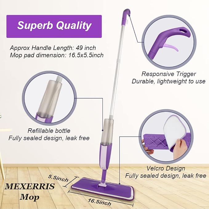 Spray Mops for Hardwood Floor Cleaning: Floor Mop with 2 Refillable Bottles | 3 Washable Pads for Swiffer Powermop, 360° Swivel Head, Wet Mop Reusable, Commercial Dust Mop for Wood Laminate Ceramic Tiles