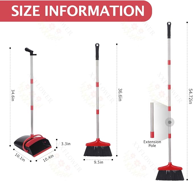 Broom and Dustpan Set,54.72"Long Handle,Standing Dustpan,Black&Red | Light Weight Stainless Steel Poles,Upright Dustpan with Broom Combo,for Home Kitchen Office Pet Dog Hair
