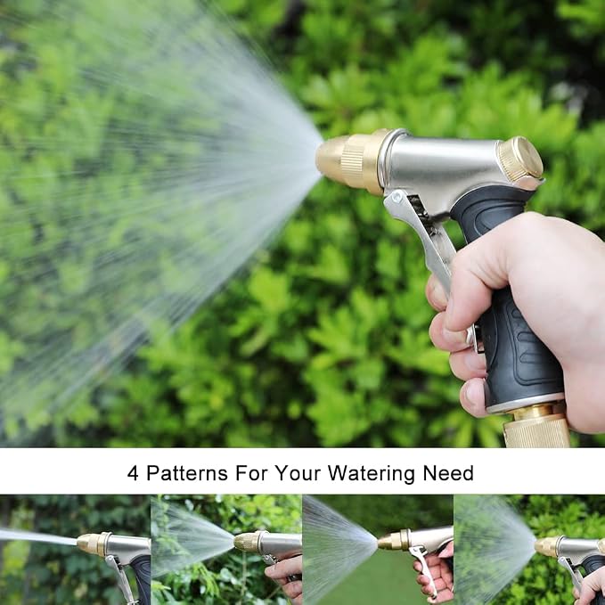 FANHAO Metal Water Hose Nozzle Heavy Duty, High Pressure, Leak Proof | Rustproof Zinc Alloy Full Brass Nozzle, Ergonomic Non-Slip Grip, Lockable Trigger, 4 Spray Patterns for Plant, Car & Pet