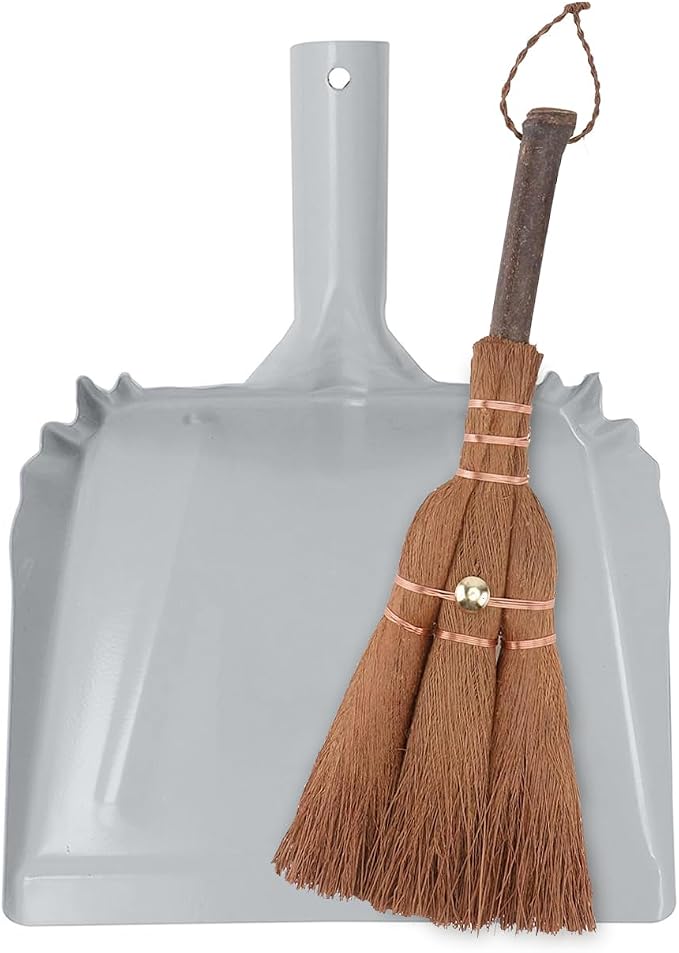 Small Metal Dust Pan and Brush for Fireplace, Garage, Shop, 9" Wide | Heavy duty dustpan for outdoor indoor camping rv, Natural soft hand broom for bench counter woodworking woodstove anti-static