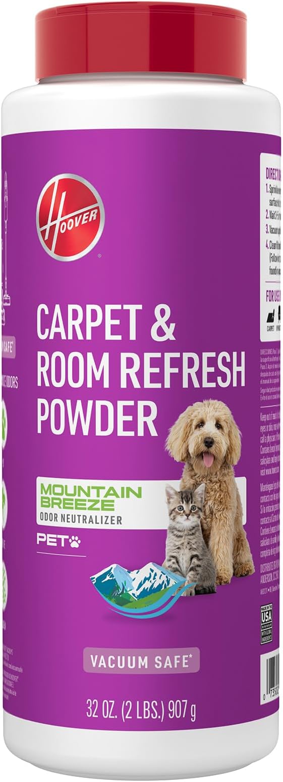 Hoover Pet Carpet and Room Refresher, 32 oz, Carpet Powder | Pet Odor Remover, Mountain Breeze Scent, Vacuum Cleaner Safe, Rugs, Couches & More, For Use on Carpets, For Home Use